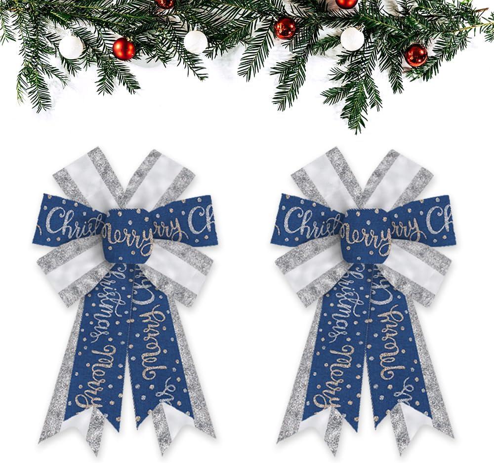 ABTOLS 2PCS Christmas Wreath Bows, Sliver Glitter Bows for Wreath Xmas Dot Decor Bow for Front Door Blue Tree Topper Bows for Winter New Year Wall Ornaments Home Indoor Outdoor Decor