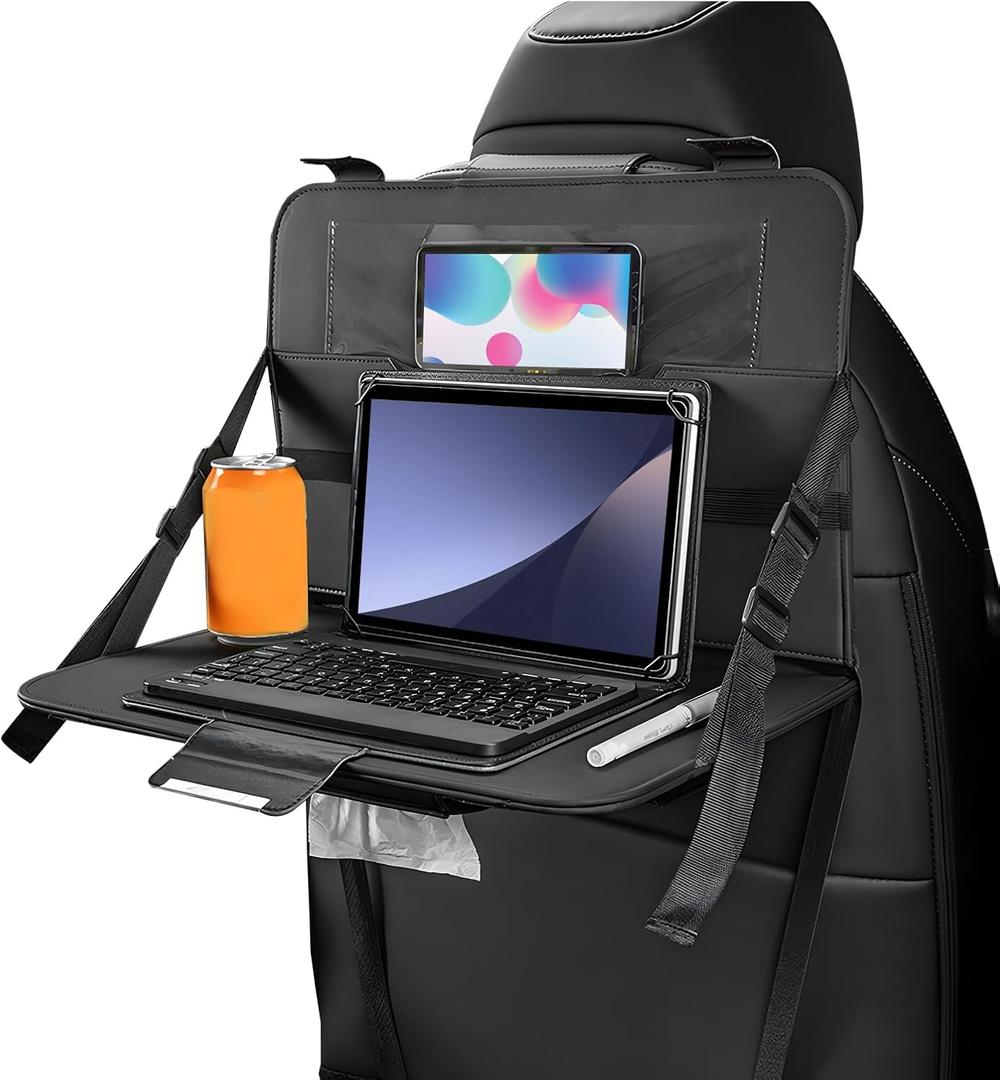 Car Steering Wheel Tray, Foldable Car Laptop Desk Eating Food Tray with Transparent Holder & Tissue Box, Adjustable Back Seat Headrest Table for in-Car Dining Working Studying (Black)