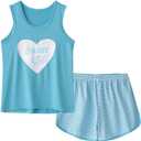 MyFav Big Kids Girls Sleeveless Sleepwears Hearts Shape Striped Pajama Nightgown (Blue)