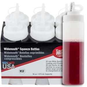 TableCraft 12632 Widemouth Condiment Squeeze Bottles, 63 mm Wide Opening, Cone-Tip Top, Tethered Cap, Clear Sauce Dispensers for Food Prep, 16 oz (473 mL), NSF, Made in USA, Pack of 6