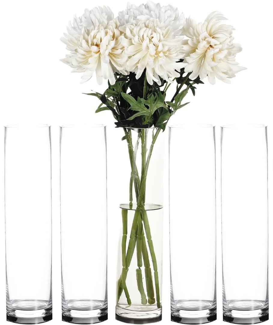 Craft and Party Cylinder Glass Vase, 5 Pack 20" Clear Cylinder Vases, Cylinder vase for Wedding Centerpiece, 4" Diameter Opening.