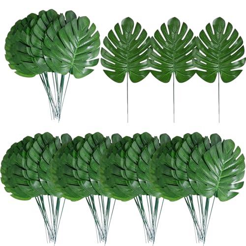 XONOR 100Pcs Artificial Monstera Leaves Fake Tropical Faux Palm Leaves with Stem for Jungle Hawaiian Dinosaur Luau Party Table Decoration Wedding Birthday Theme Party, Leaf Size: 7''x 5''