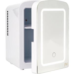 Paris Hilton Mini Refrigerator and Personal Beauty Fridge, Mirrored Door with Dimmable LED Light, Thermoelectric Cooling and Warming Function for All Cosmetics and Skincare Needs, 4-Liter, White
