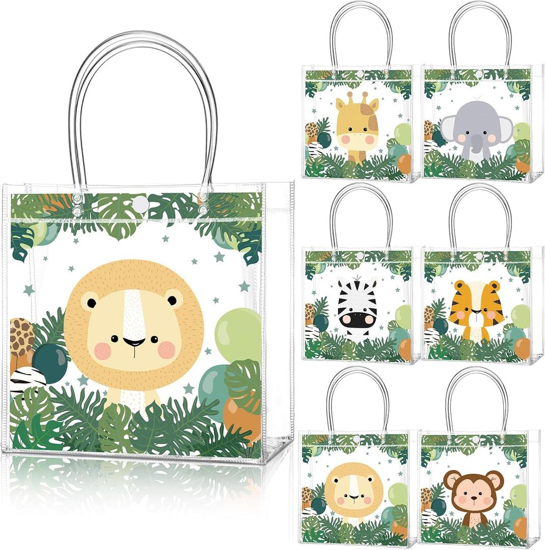 Aliceset 24 Pcs Safari Gift Bags with Handle Clear PVC Wild Animals Candy Treat Goodies Tote Bags for Summer Jungle Birthday Party Baby Shower Favor Supplies