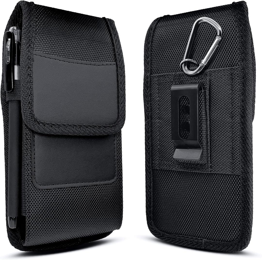 Holster for Large iPhone Plus, Pro Max Models (17/16/15/14/13/12/11/Xs Max)  Nylon Cell Phone Belt Holder for Men, ID Card Slot, Case with Clip Pouch (Fits Otterbox Commuter Case) Black