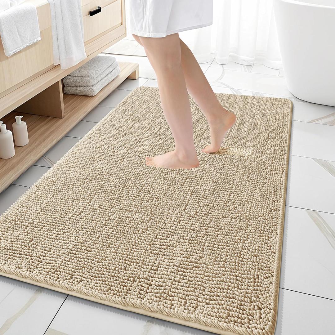 OLANLY Bathroom Rugs 59x35, Extra Soft Absorbent Chenille Bath Rugs, Rubber Backing Quick Dry, Machine Washable Bath Mats for Bathroom Floor, Tub and Shower, Home Decor Accessories, Beige