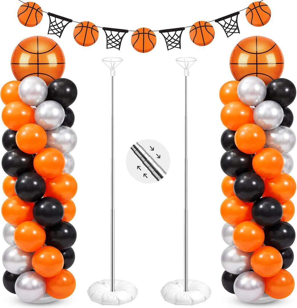 Yalikop 2 Sets Basketball Party Balloon Column Stand Kit with 2 Basketball Foil Balloons 90 Latex Balloons and Banner, Adjustable Balloon Stands for Sports Game Birthday Party Decoration