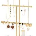 Lolalet Jewelry Necklace Holder with Ceramic Base, 14.2" Gold Jewelry Display Stand with Velvet Ring Tray Jewellery Organizer for Necklaces Bracelets Earrings (White)