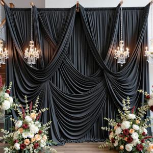PartyVillage 50ft×15ft Black Backdrop Curtain for Halloween Parties, 10 Panels Wrinkle Free 15 FT Long Polyester Photo Backdrop Drapes Back Drop Cloth for Birthday Photography Background