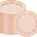 100Pcs Pink Plastic Dessert Plates, Disposable Salad Plate with Gold Rim, Premium Hard Fancy Small Plates, Heavy Duty Plastic Cakes Plates for Party, Wedding&Birthday&Valentine's Day