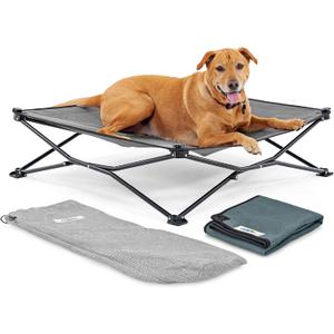 Coolaroo On-The-Go Elevated Dog Bed Kit Portable & Cooling Travel Cot with HeatShield Fabric for Large Dogs, Lightweight & Compact, Includes Matching Carry Bag & Pacific Blue Bonus Cover, Large