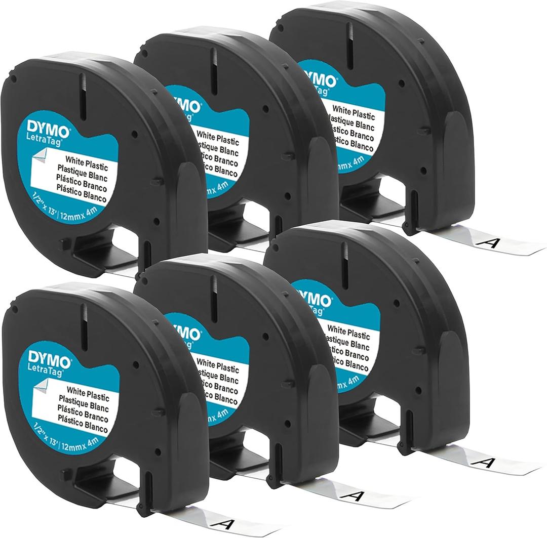 DYMO Authentic LT Plastic Labeling Tape for LetraTag Label Makers, 1/2" (12mm), Black Print On White Tape, 5-Pack