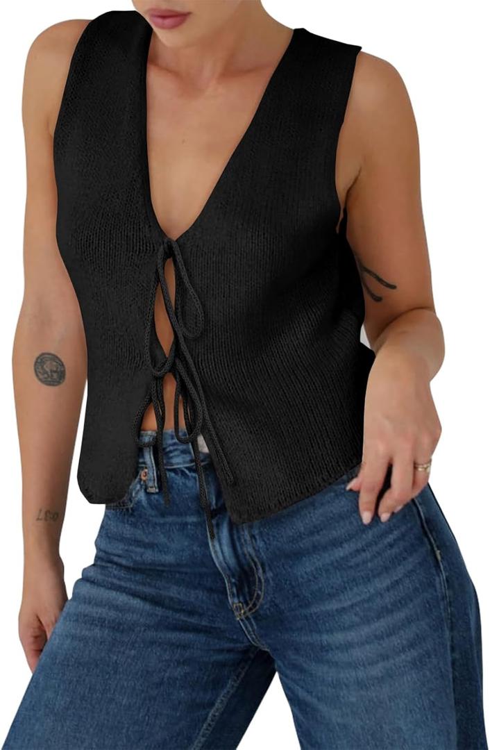 Yousify Womens Sweater Vests Tie Front Knit Vest Summer Ribbed Tank Tops Y2k Cute Vests Fashion Casual Sleeveless Tops (X-Small, Black)