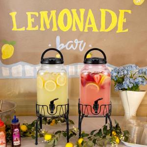 Tanlade 2 Pcs Plastic Drink Dispenser with Stand Beverage Dispenser with Sturdy Metal Base Juice Jar for Parties Lemonade Jar Spigot for Weddings Countertop Water, Each 1 Gallon(Black)