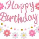 Pre-Strung Happy Birthday Banner, NO DIY Birthday Decorations with Circle Dot Garland and Flowers, Happy Birthday Party Decorations for Women Girls (Pink)