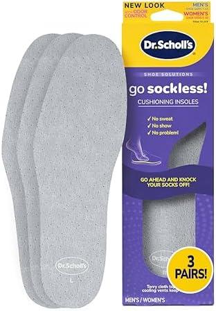 Dr Scholl’s Go Sockless! Cushioning Insoles for Women, Men Unisex, 3 Pairs, Trim to Fit - Absorbs Moisture to Keep Feet Dry, Shoe Inserts for Women, Men with Plush Terry Cloth Layer for Added Comfort, Men's 7-13, Women's 5-10
