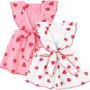 2 Pack Dog Dress Clothes for Small Dogs Girl with Leash Ring & Bow cat Dog Outfit Strawberry Printed Pet Cat Apparel Sweet Ruffled Chihuahua Yorkie Puppy Clothes (Large, Pink+White)