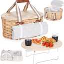 Picnic Basket Set for 2 - Wicker Insulated Picnic Basket with Waterproof Blanket, Folding Wine Picnic Table & Cutlery Kits, Picnic Baskets Kit for Camping, Outdoor, Valentine (White Flower)