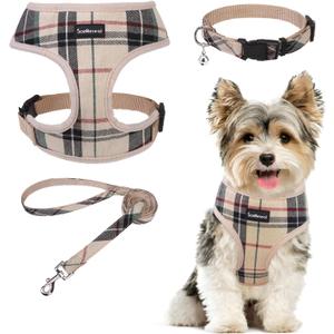 SCENEREAL No Pull Dog Harness Collar and Leash Set for Small Sized Dogs, Soft Mesh Plaid Puppy Harnesses, Pet Vest for Outdoor Walking Training and Running, Beige XS