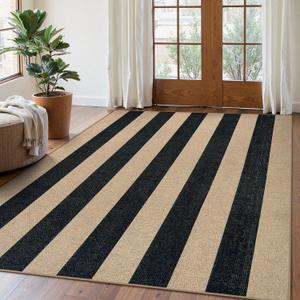 Lahome Elance Striped Easy Jute Outdoor Rug 5x7, Large Neutral Dining Living Room Rug, Farmhouse Non Slip Non Shedding Washable Indoor Outdoor Black Carpet for Office Deck Patio Backyard Bedroom