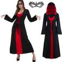 Womens Halloween Costumes for Adults Medieval Hooded Maxi Dress for Women Fashion Hooded Robe Cosplay (Medium, Black and Red)