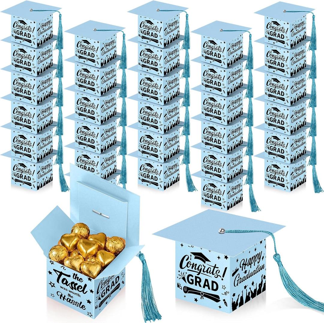 TaoBary 30 Pcs Graduation Cap Candy Box 2026 Graduation Decorations Party Favors Gifts Grad Cap Box with Tassel for Candy Chocolate Biscuit Supplies(Light Blue)