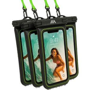 Waterproof Phone Pouch Floating Design No Sink Waterproof Phone Case - Beach Pool Travel Essentials - Works w/All Phones - Detachable Lanyard - Black/Hi-Vis, Green, Set Of 4