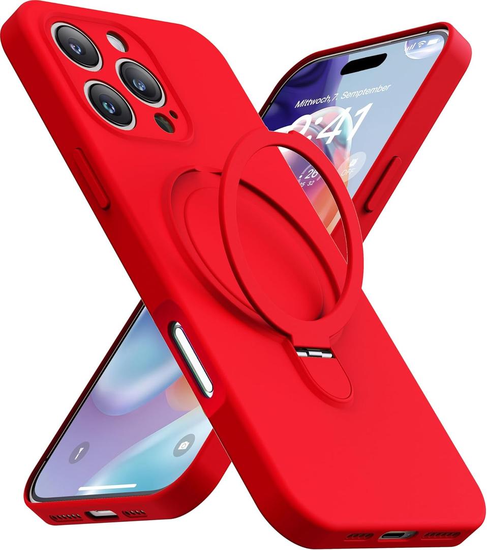 Magnetic Stand for iPhone 16 Pro Max, Liquid Silicone, [Compatible with MagSafe][Built-in Kickstand&Ring Holder] Anti-Scratch Soft Microfiber Lining, Light Red