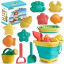 Sawaruita Beach Toys for Kids - Sand Toys Set Includes Collapsible Sand Bucket Shovel and Sand Rake Toy for Beach 12 PCS, Sandbox Toys Sandcastle Building Kit (A)