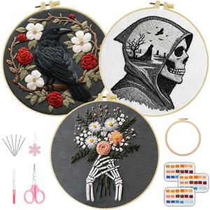 ZuoAnLF 3 Set Embroidery Starter Kit Printed Cross Stitch Kit with Crows, Flowers for Adults, Home Decor and Gifts