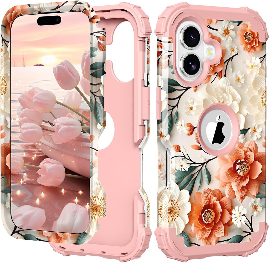 PIXIU Unique Flower Pattern Compatible with iPhone 17 6.3 inch case,Heavy Duty Dual Layer Shockproof Full-Body Protective Sturdy Hybrid Cute Rugged Case for Women,Girls,Kids-White/Orange (A14)