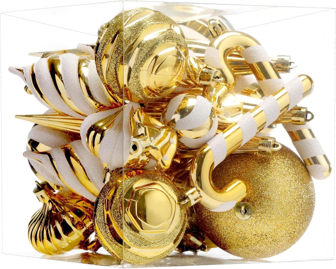 Christmas Ball Ornaments Set Shatterproof Christmas Tree Ornaments 24 PCS Painted Shaped Styles Xmas Tree for Holiday Decor,Gold