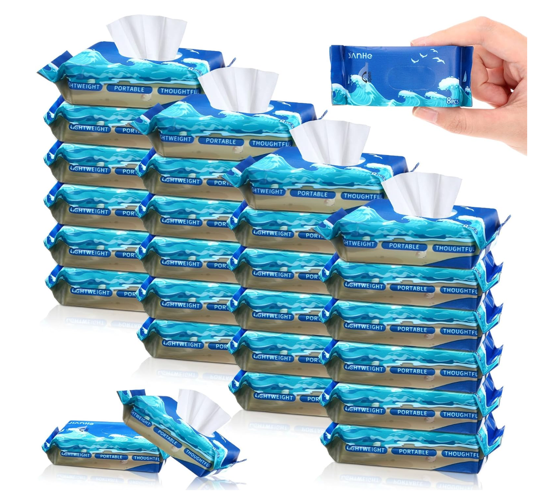 Threlaco 48 Pack Total 384 Pcs Travel Size Flushable Wipes Skin Friendly Hand Wet Wipes with Hypoallergenic Natural Extracts Unscented Alcohol Free for Travel Essentials Adults Children Baby Care
