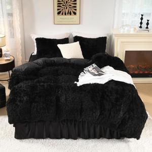 Litanika Black Fluffy Comforter King Size, Luxury Plush Faux Fur Bedding for King, Ultra Soft Warm Velvet Fuzzy Bed Set 3 Pieces(1 Shaggy Comforter 10490 Inch, 2 Pillowcases) Glossy Black