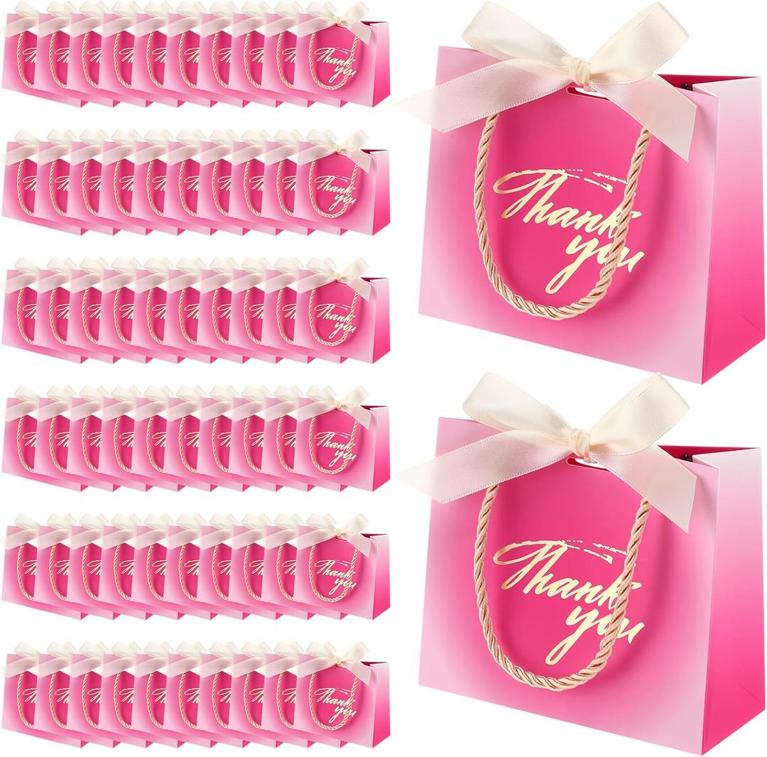 Colarr 60 Pcs Small Thank You Gift Bags Mini Party Favor Candy Bags with Handles and Bow Ribbon for Wedding Birthday Baby Shower Guest Valentines Day Party Supplies(Rose Red)