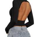 PINKMSTYLE Womens Backless Ruched Double Lined Top Turtleneck Long Sleeve Shirts Fall Going Out Outfits 2025 Black Medium