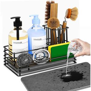 Yofidra Kitchen Sink Caddy: Sink Sponge with Instant Drying Stone, Metal Stainless Steel Dish Sponge Holder Basket for Sponges, Scrubbers, Soap, 9.5" X 5.5" X 5.7" Home Decor Storage and Organization (Large, Black)