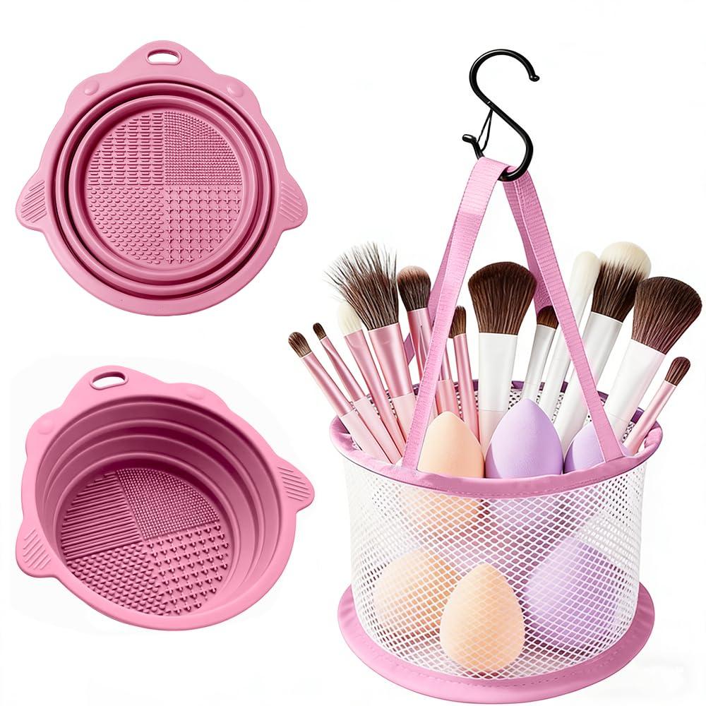 Makeup Brush Cleaner Mat & Drying Basket, Makeup Brush Cleaner and Dryer, Make Up Brush Cleaner Pad & Solution 3 In 1, Brush Cleaner Make Up Tool (Pink)