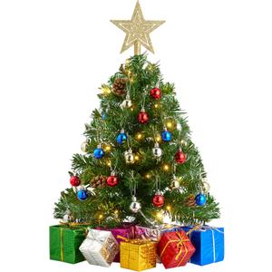 Joiedomi 24 Inch/2FT Pre Lit Tabletop Mini Christmas Tree Decorations with Warm LED Lights, Gift Box and Christmas with Ball Hanging Ornaments for Indoor Xmas Holiday Season Best DIY Decorations
