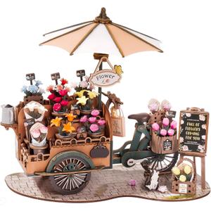 ROBOTIME 3D Wooden Puzzle for Adults Floral Cart Model Building Kit, DIY Flower Craft Hobby Gift Home Decor, Vintage Style Assembly Toy