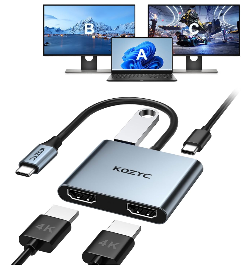 USB C to Dual HDMI Adapter 4K@30Hz, KOZYC USB C Hub Multiport Adapter with 2xHDMI, USB 3.0, 100W PD, Support USB C to HDMI Splitter Extended Display for MacBook Pro (MST is not Supported on MacOS)