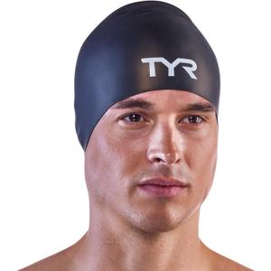 TYR Adult Long Hair Wrinkle-Free Silicone Swim Cap (Black)