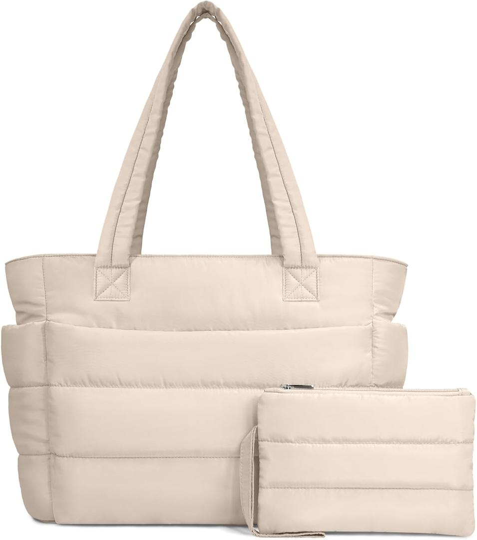 TOPDesign Puffer Tote Bag for Women, Lightweight Puffy Handbag with Compartments, Quilted Shoulder Bag for Work, Travel, Gym Beige Medium