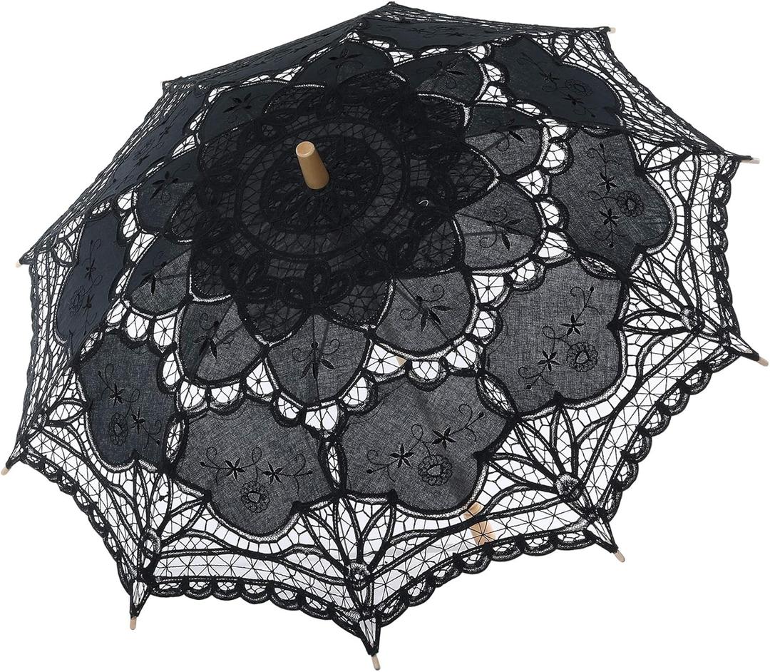 BABEYOND Lace Umbrella Parasol Vintage Wedding Bridal Umbrella for Decoration Photo Lady Costume 1920s Party (Black)