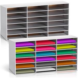 Fuutreo 2 Pcs Construction Paper Storage, Classroom Mailboxe, Back to School Literature Sorter, Sturdy Cardboard Paper Organizer for Teacher, Student, Office, 29.5" x 14.2" x 12.4"(18 Slots,White)