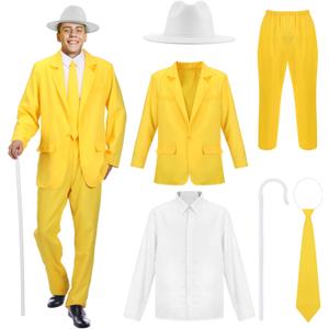 6 Pcs Halloween Sunny Costume for Man Yellow Suit Shirt Pants Tie Uniform Set for Halloween Outfit Cosplay Party