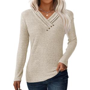 GKBK Women Long Sleeve Tunic Tops for Leggings V Neck Button Loose T Shirts 2026 Fall Dressy Casual Blouse Sweatshirt Sweater (Medium, Khaki)