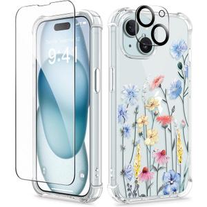 GVIEWIN for iPhone 15 Case Floral, with Screen Protector&Camera Lens Protector,[Non Yellowing] Soft Shockproof Clear Phone Protective Cover for Women, Flower Pattern Design 6.1" (Aconite/Light Blue)