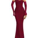 Elegant Off Shoulder Bodycon Maxi Dress Long Sleeve Mesh Formal Dress for Women Wedding Guest Party Club Cocktail Evening Gowns Wine (Red, L)