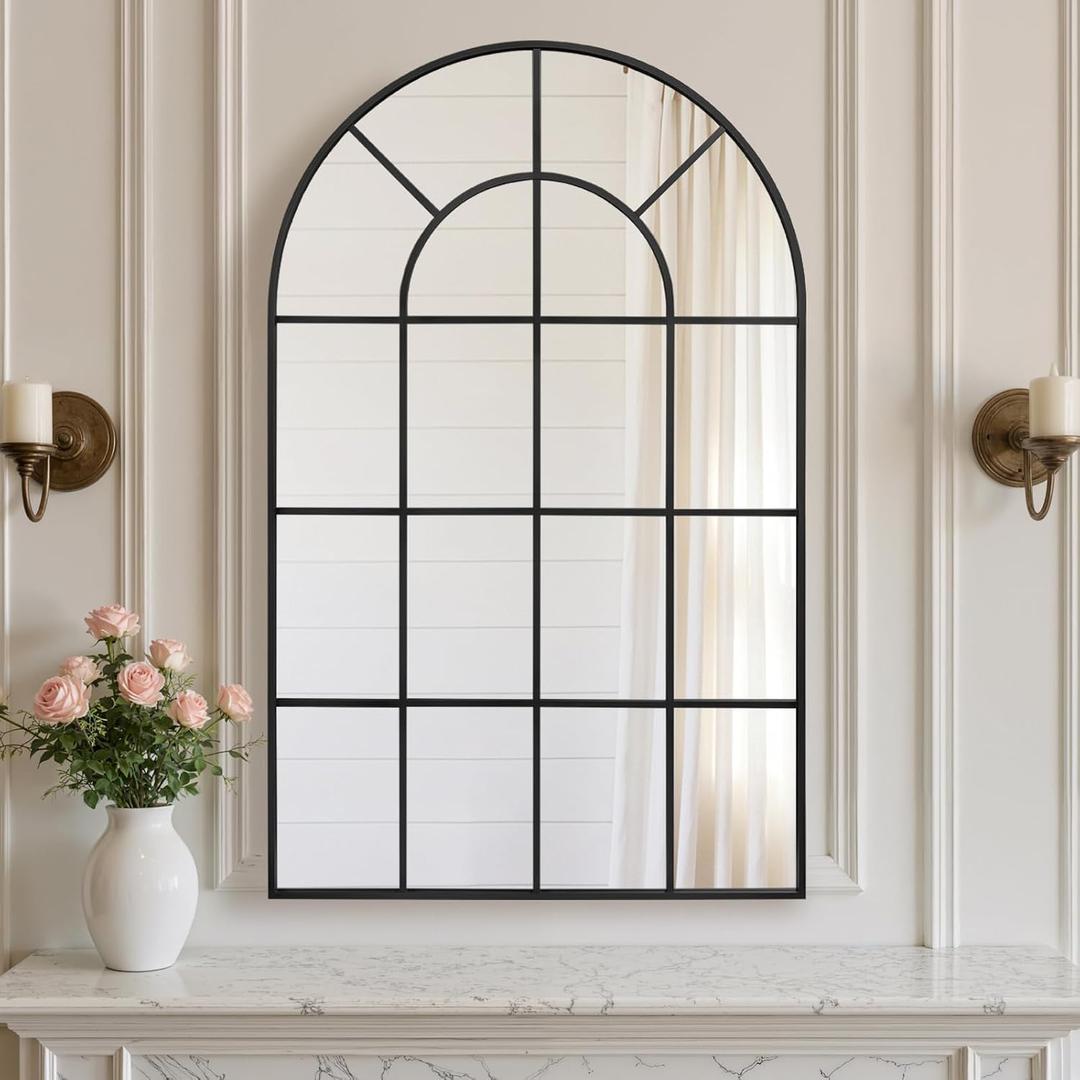 Anpark Arched Windowpane Wall Mirror 30"x40" Black Wall Mounted Art Pane Mirror Farmhouse Decorative Mirror Leaning Hanging Wall Mirror for Bedroom Living Room Entrance Hallway Wall Decor